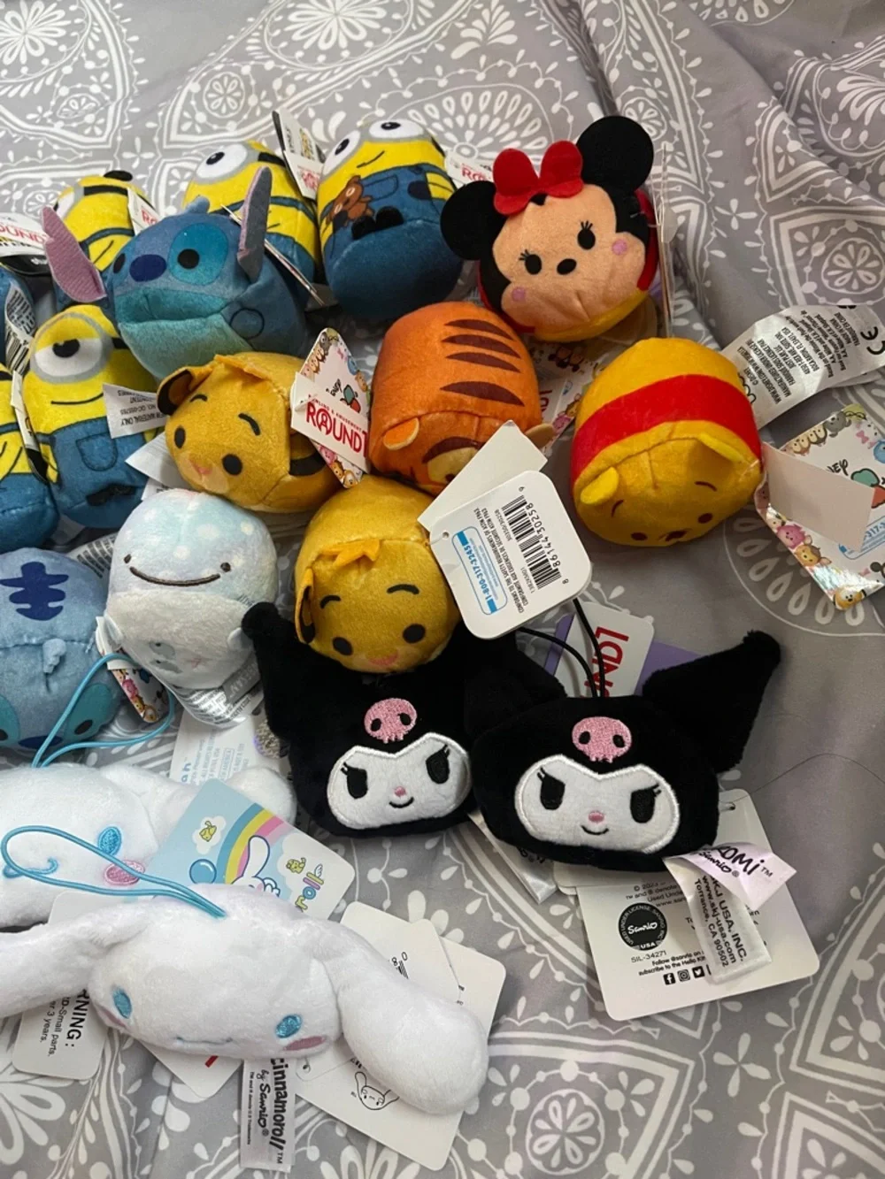 Sanrio Black Kuromi Plush Tsum Tsum Duo with Yellow and Red Sanrio Characters